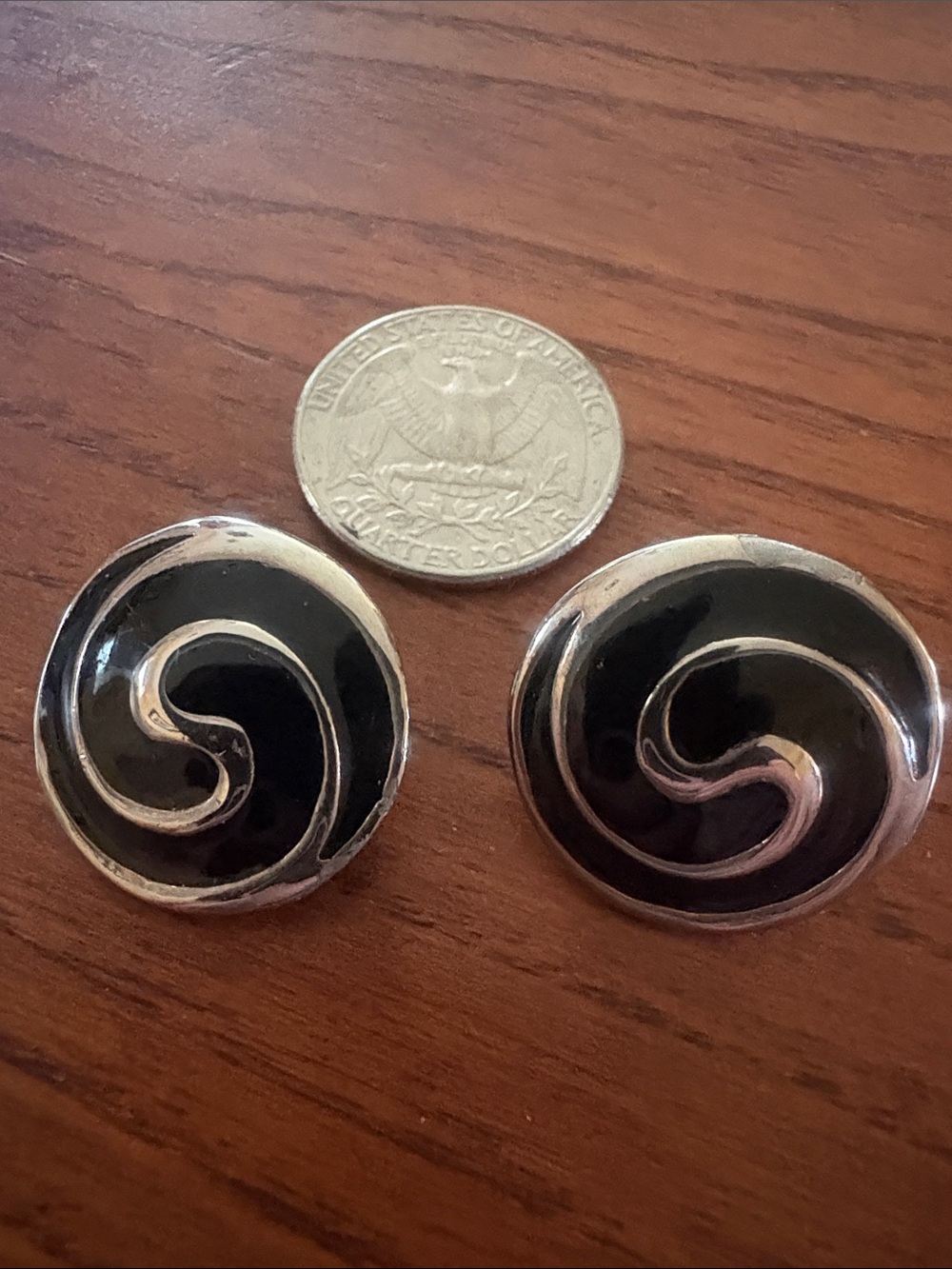 VTG - Black Enamel Silver-Tone Swirl Clip-On Earrings